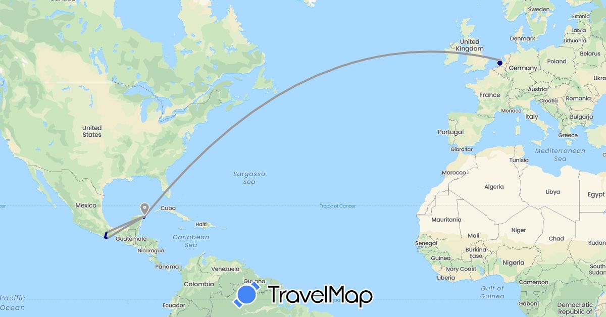TravelMap itinerary: driving, plane in Mexico, Netherlands (Europe, North America)